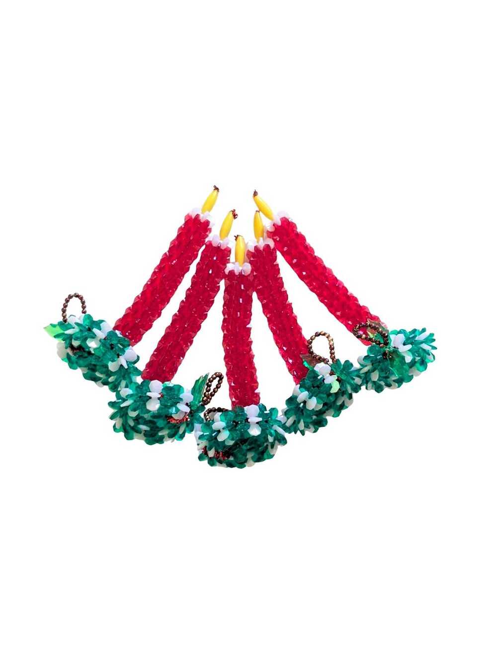 Vintage Handmade Beaded Christmas Tree Ornaments - Red Candles